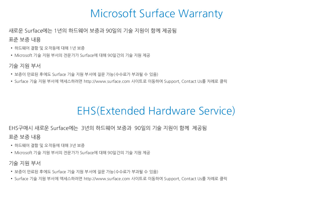 Microsoft Surface Warranty 새로운 Surface에는 1년의 하드웨어 보증과 90일의 기술 지원이 함께 제공됨 표준 보증 내용 하드웨어 결함 및 오작동에 대해 1년 보증 Microsoft 기술 지원 부서의 전문가가 Surface에 대해 90일간의 기술 지원 제공 기술 지원 부서 보증이 만료된 후에도 Surface 기술 지원 부서에 질문 가능(수수료가 부과될 수 있음) Surface 기술 지원 부서에 액세스하려면 http://www.surface.com 사이트로 이동하여 Support, Contact Us를 차례로 클릭 EHS(Extended Hardware Service) EHS구매시 새로운 Surface에는  3년의 하드웨어 보증과  90일의 기술 지원이 함께  제공됨 표준 보증 내용 하드웨어 결함 및 오작동에 대해 3년 보증 Microsoft 기술 지원 부서의 전문가가 Surface에 대해 90일간의 기술 지원 제공 기술 지원 부서 보증이 만료된 후에도 Surface 기술 지원 부서에 질문 가능(수수료가 부과될 수 있음) Surface 기술 지원 부서에 액세스하려면 http://www.surface.com 사이트로 이동하여 Support, Contact Us를 차례로 클릭